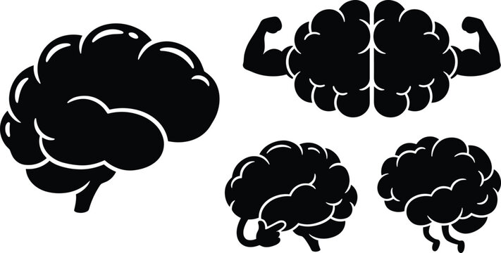 Strong Brain Silhouette Vector Icon Set with Muscular Flexing Arms Thinking Hand Character and Mind Power Symbols for Mental Health Fitness