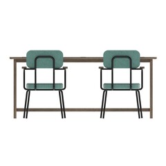 Fototapeta premium Front view of a white oak antique grey rustic office meeting set with a rectangular table, metal frame, and wooden chairs.