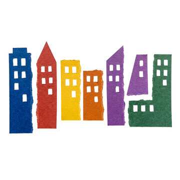 Creative skyline of vibrant, torn paper cutout buildings, symbolizing urban development, progress, and city life.