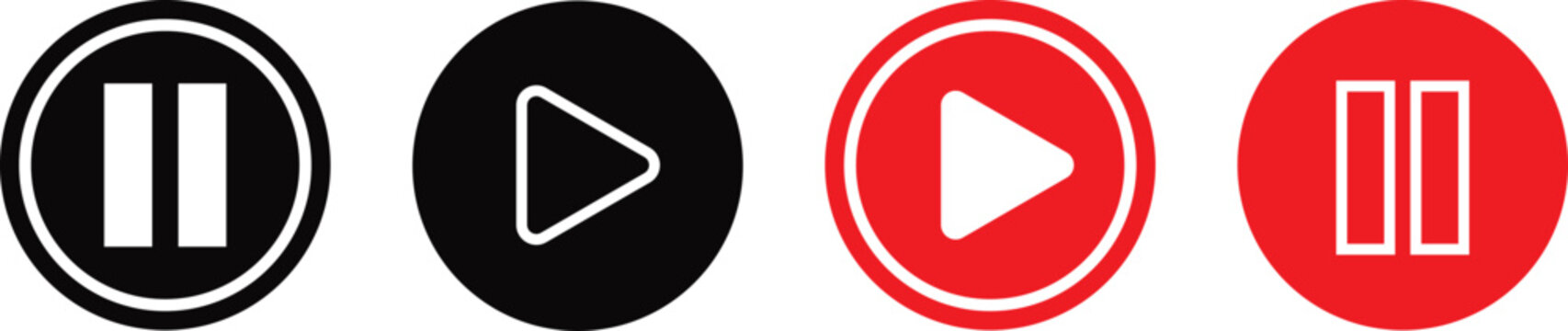 Set of play and pause media control buttons with circular icons in black and red colors