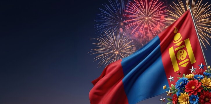 Waving flag of mongolia against a dark night sky with colorful exploding fireworks and a decorative bouquet of red, yellow, and blue flowers in the corner