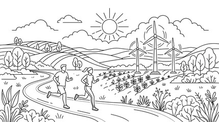 Fototapeta premium Couple jogging on path through farm field wind turbines rural landscape vector line artwork.