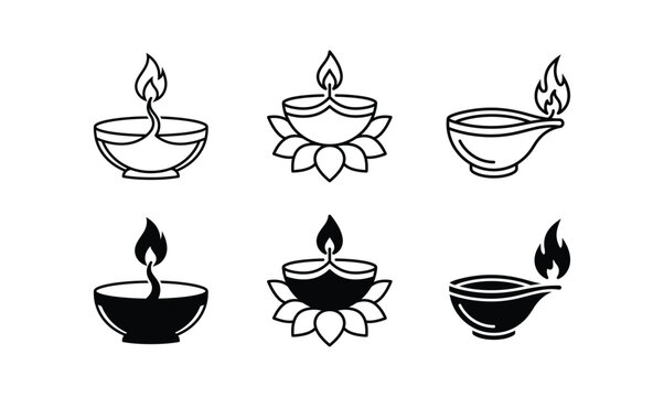 Diwali Diya and Oil Lamp Icon Set, Traditional Indian Festival Decorative Symbols, Hindu Celebration, Deepavali, Line Art and Black Silhouette Vector Illustration