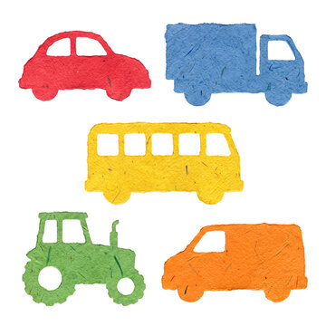 Vibrantly textured paper cut-out vehicles set: car, truck, bus, tractor, and van shapes, isolated element.
