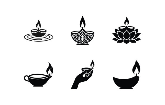 Diwali Diya Oil Lamp Icon Set with Lotus and Hand Holding Traditional Indian Festival Lamps, Deepavali Hindu Celebration Black Silhouette Vector Illustration
