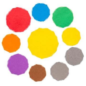 A collection of vibrant, abstract, torn paper circle shapes, artistically arranged on a transparent background.