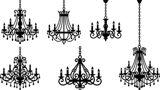 Luxury antique chandelier silhouette vector icons set featuring elegant hanging ceiling lamps crystal candelabras with candles and ornate crystal drops.