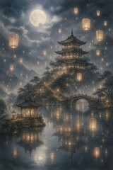 Fototapeta premium Moonlit temple and lanterns in mist