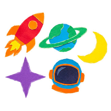 Whimsical cut paper space objects: rocket, planet, moon, star, and astronaut helmet, isolated on transparent background.