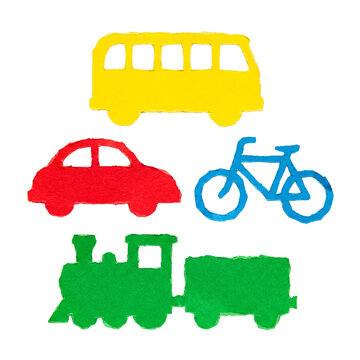 Vibrant handmade paper cutout set featuring a yellow bus, red car, blue bicycle, and green train.