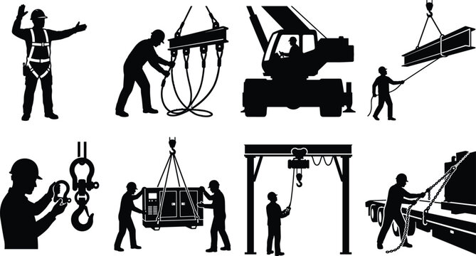 Construction Rigger and Crane Operator Vector Silhouettes Set for Heavy Lifting Industrial Safety