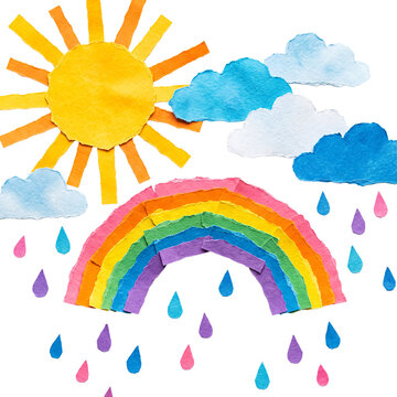 Playful crumpled paper art collage featuring sun, rainbow, clouds, and colorful raindrops.