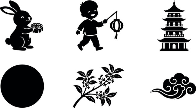 Mid Autumn Festival vector icon collection featuring cute jade rabbit mooncake boy with paper lantern pagoda full moon and Chinese clouds