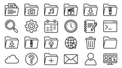 Fototapeta premium Collection of line art icons representing various digital and organizational tools for user interfaces.