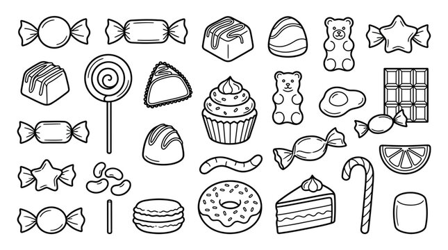 A collection of various sweet treats and candies in a simple black and white line drawing style.