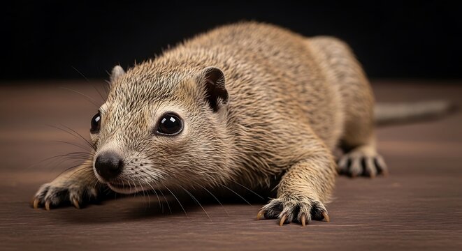 Alert young squirrel in close up portrait against dark background with squirrel