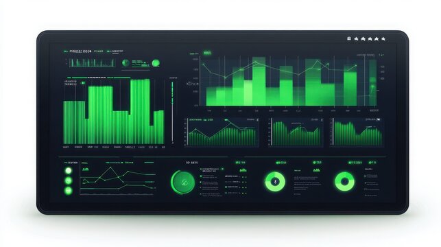 Digital dashboard displaying real time energy consumption statistics with glowing green charts with screen with complex energy monitoring, green data visualizations
