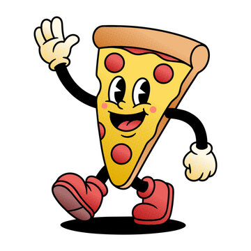 Happy Cartoon Pizza Slice Mascot Waving Retro Pop Art Character On Pink Background