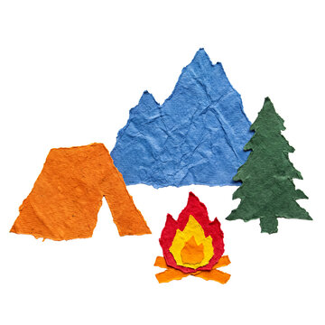 Ripped paper craft elements for camping and outdoor adventures, featuring a tent, mountain, pine tree, and campfire.