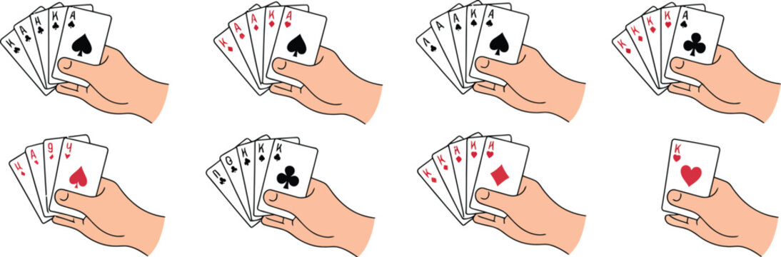 Card game hands icons featuring people holding playing cards shuffling and dealing decks for casino leisure and entertainment design