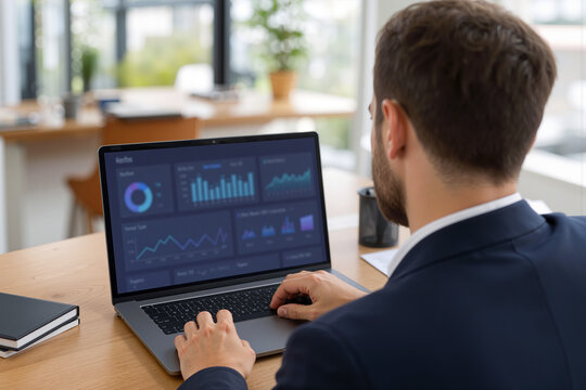 Professional business analyst working on a modern laptop screen displaying complex financial data charts and analytical marketing reports