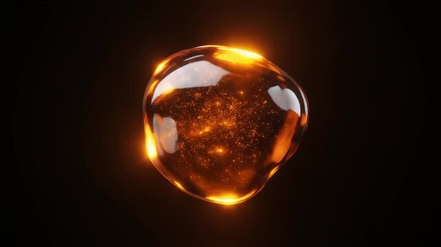 Glowing molten glass droplets drift through deep darkness, each with a translucent amber interior and brilliant refracted highlights &mdash; perfect for luxury and premium visual overlays.
