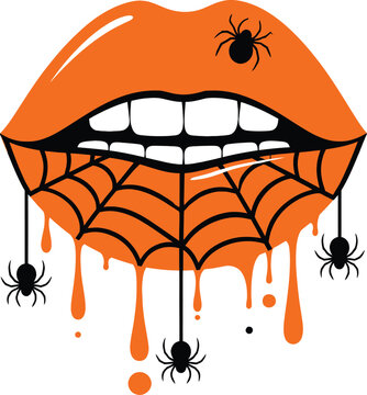 Spooky Halloween Orange Lips Vector Illustration featuring Spider Web and Hanging Black Spiders with Dripping Paint Effect for Festive Party Graphics, T-shirt Prints, and Gothic Art Decor.