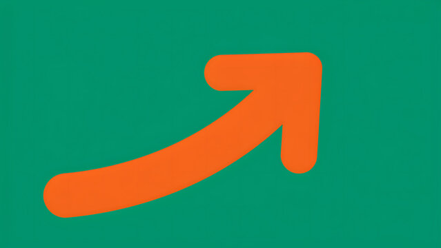 Simple orange curved arrow pointing diagonally on green background with diagonal direction navigation business progress performance pointing marketing