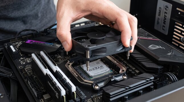 Close up of technician hand installing CPU cooler fan onto Ryzen processor on motherboard, computer hardware assembly and PC building maintenance repair service concept.