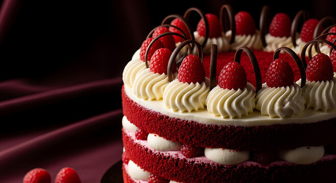 Fresh strawberry layered red velvet cake with cream.