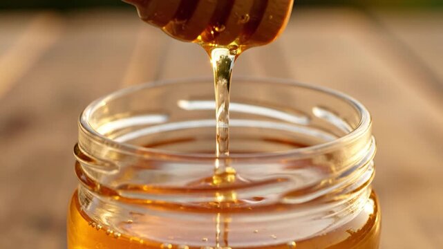 Golden Honey Dripping From Wooden Dipper Into Glass Jar