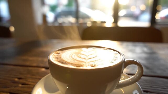 Steaming Latte Coffee Cup with Detailed Art on a Wooden Table in Warm Sunlight