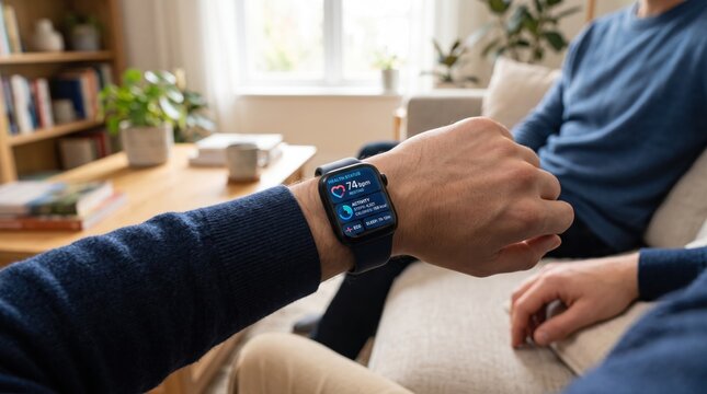 Man checking heart rate on smartwatch at home, monitoring fitness activity and sleep data on wearable technology device screen