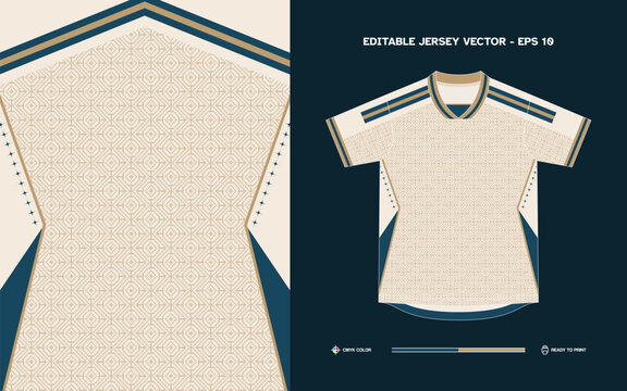 Editable Vector EPS 10 Sports Jersey with Intricate Cream Geometric Pattern and Gold Brown Accents for Custom Team Apparel Design