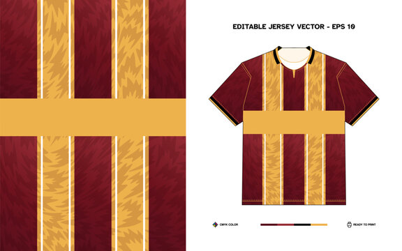 Editable Vector EPS 10 Maroon and Gold Striped Soccer Jersey with Bold Textured Pattern for Custom Team Apparel Designs and Print Ready Files