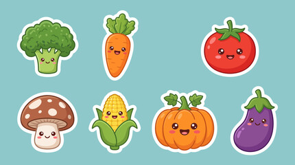 Fototapeta premium Cute kawaii vegetable vector sticker collection featuring happy smiling faces on colorful broccoli carrot tomato mushroom corn pumpkin and eggplant designs