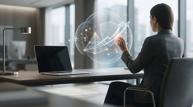 Businesswoman sitting at a desk in a modern office interacting with a glowing digital virtual data network interface