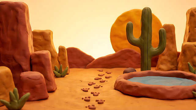 Handmade clay stop motion desert diorama with red rock formations, cactus, waterhole and sunset