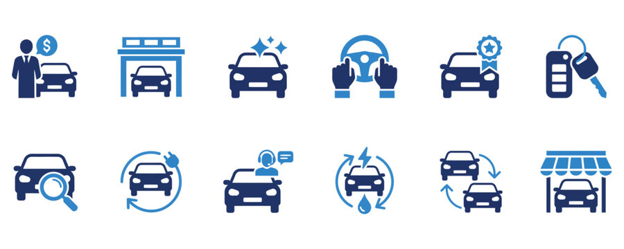 Car service and dealership icon set. Automotive theme symbol. Vector pictogram for car rental, auto repair shop, car wash, test drive, key fob, vehicle inspection, electric vehicle charging and dealer