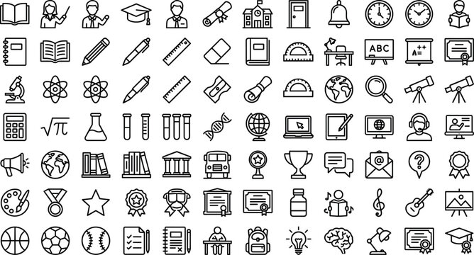 Education and school outline icon mega set featuring black line symbols for back to school learning science and university graduation isolated on white background