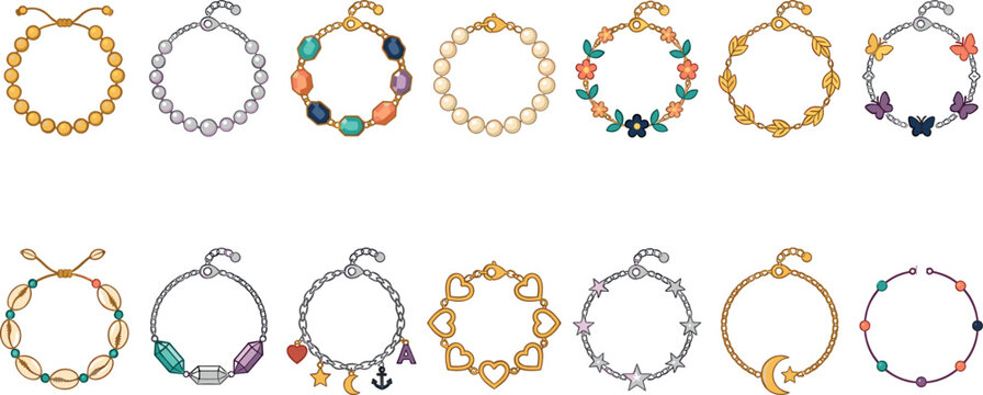 Elegant charm bracelets collection featuring gold and silver chain designs with pearls gemstones flowers stars hearts and moon vectors.