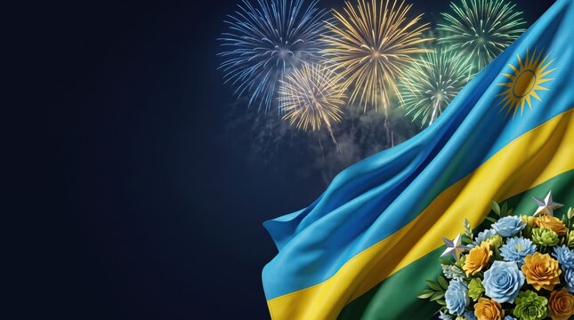Waving flag of rwanda with a yellow sun emblem, colorful fireworks display in the night sky, and a decorative bouquet of blue, yellow, and green flowers in the corner
