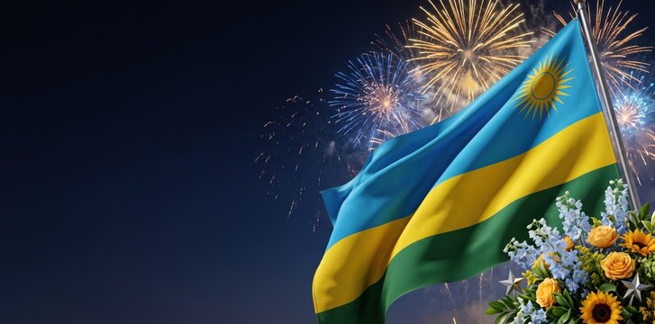 Waving flag of rwanda with horizontal blue, yellow, and green stripes, featuring a yellow sun emblem, set against a night sky filled with bright, colorful fireworks and a floral arrangement