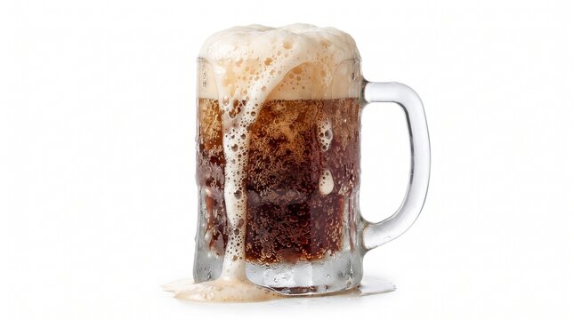 Glass mug containing cold fizzy soda beverage overflowing with frothy foam bubbles with carbonated drink overflowing filled dark carbonated with displays glass