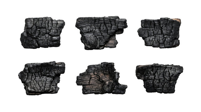 Set of burnt wood charcoal pieces isolated on white background for barbecue and grill design.