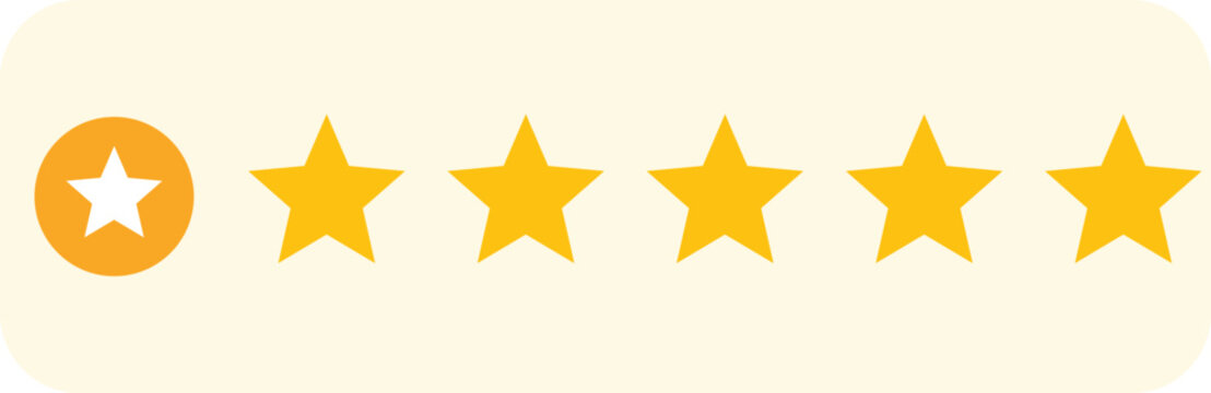 One star rating with yellow stars on a light yellow background with copy space for reviews and feedback