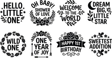 Fototapeta premium Baby Typography Silhouette Collection Featuring Decorative Lettering for Nursery Announcements Birthday Celebrations and Greeting Card Projects