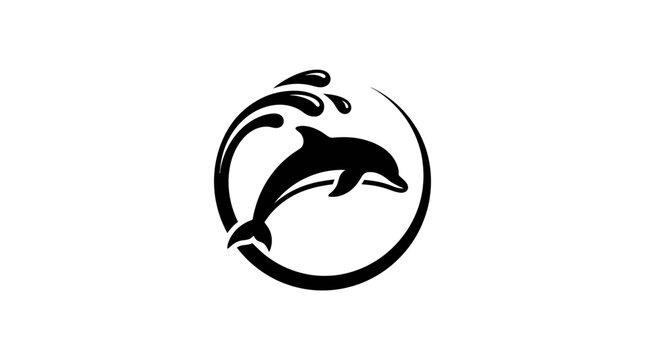 A black and white logo featuring a stylized dolphin jumping out of water with a splash, enclosed in a circular design.