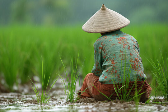 Asian woman wearing a conical straw hat working in a flooded green rice paddy field in the rain