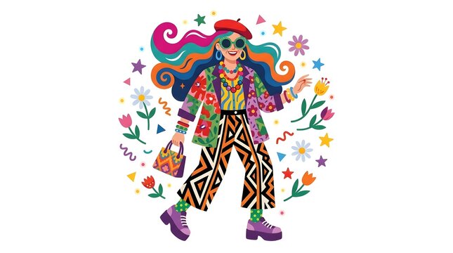 Colorful maximalist fashion woman in stylish outfit with flowers